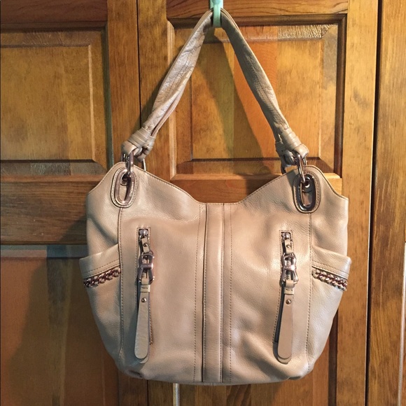 B Makowsky Taupe Leather Triple Compartment Bag